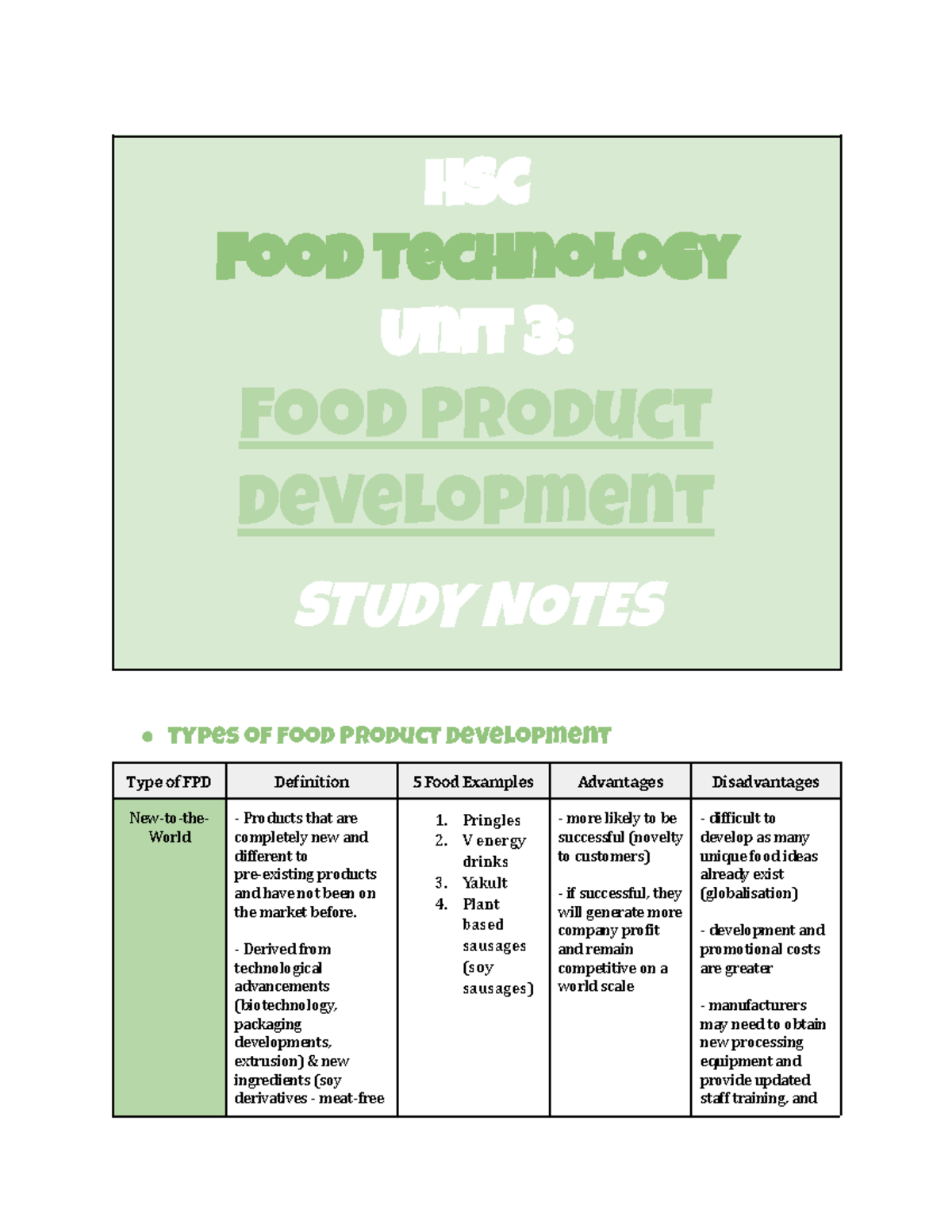 HSC Food Technology Unit 3: Food Product Development Study Notes - Studocu