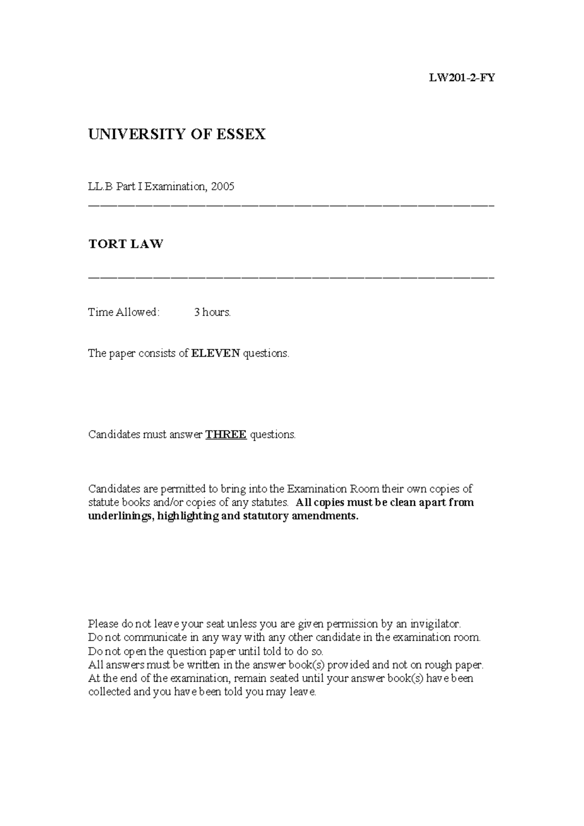 2005 LL.B Part I Exam: Tort Law Past Questions & Guidance - Studocu