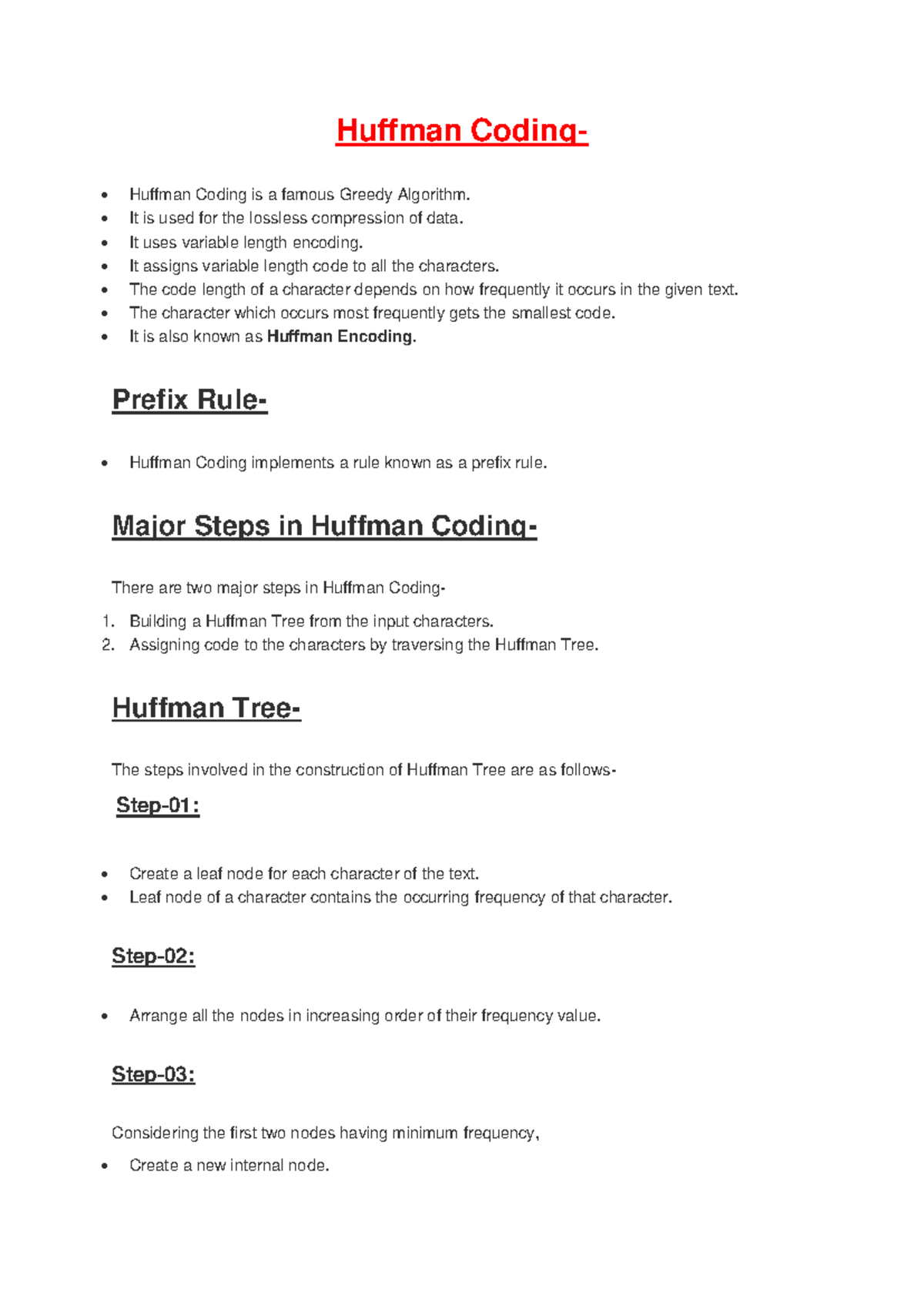 Huffman Coding (CS101) - Comprehensive Notes on Greedy Algorithm - Studocu