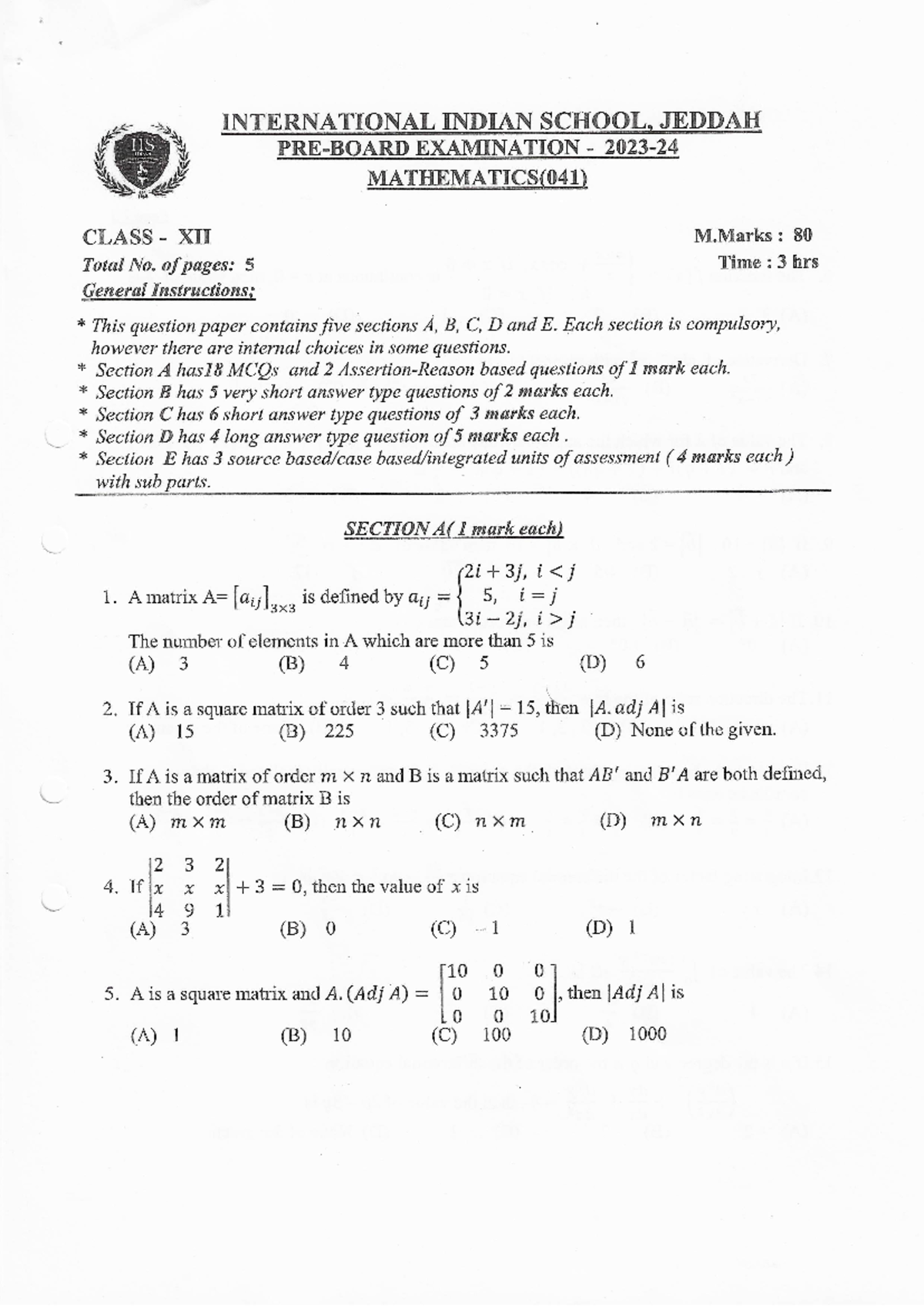Mathematics (041) Class XII Practice Paper - Comprehensive Review - Studocu