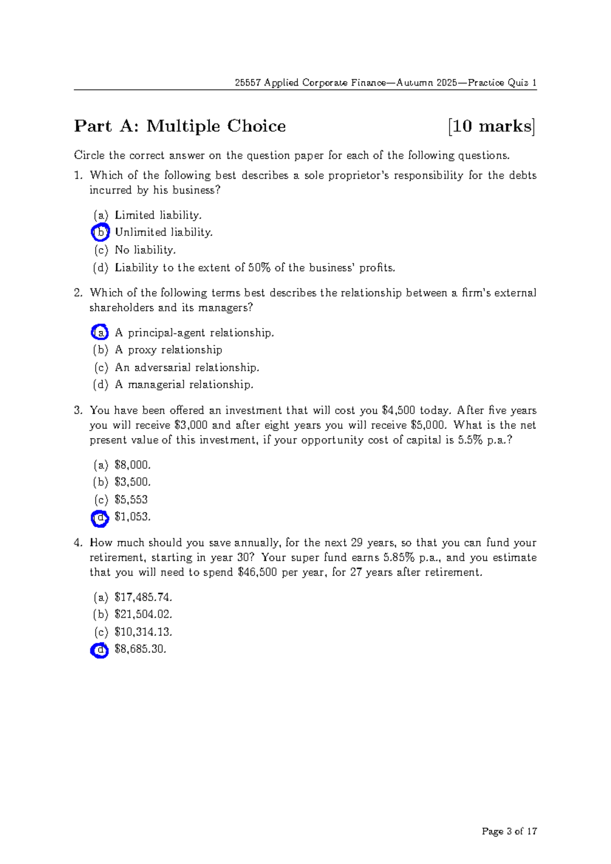 Practice Quiz 1 Solutions for Finance 101 - Studocu