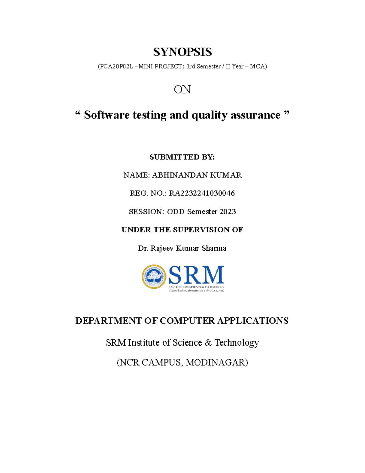 Mini Project PCA20P02L: Software Testing & Quality Assurance - Studocu