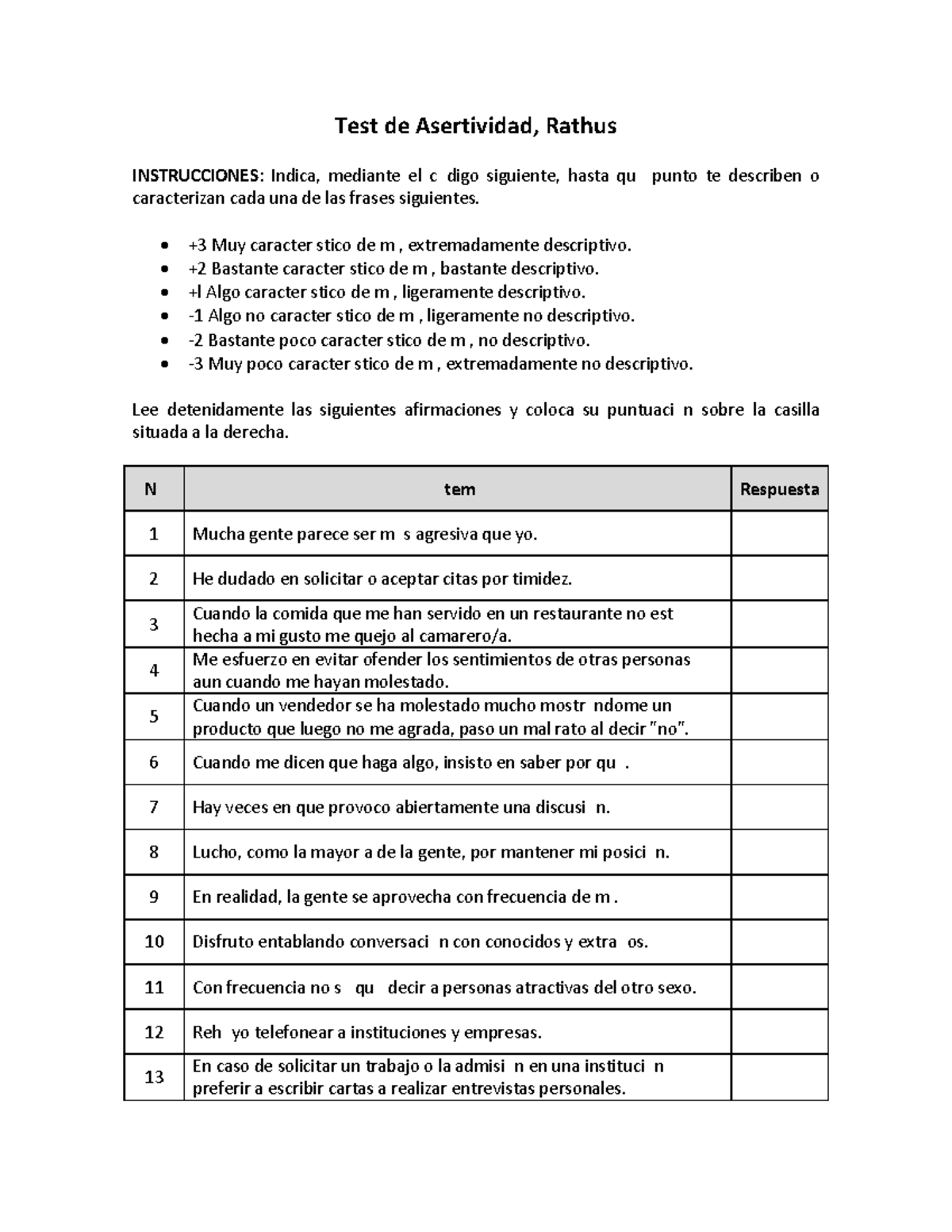 Test de Asertividad - Rathus: Instrucciones y Ejemplos - Studocu