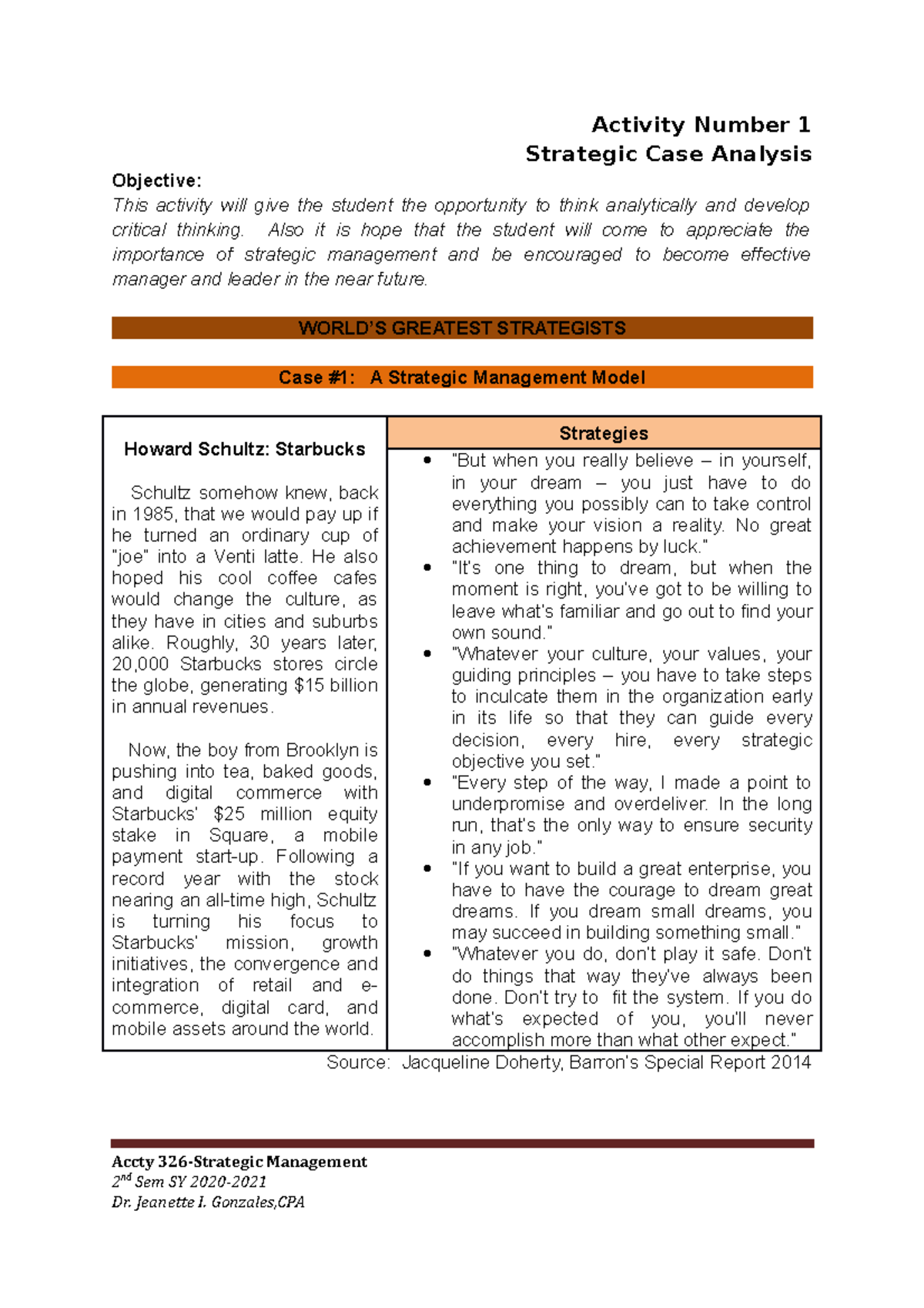 Accty 326 Case Study 1: Strategic Management Analysis of Starbucks ...