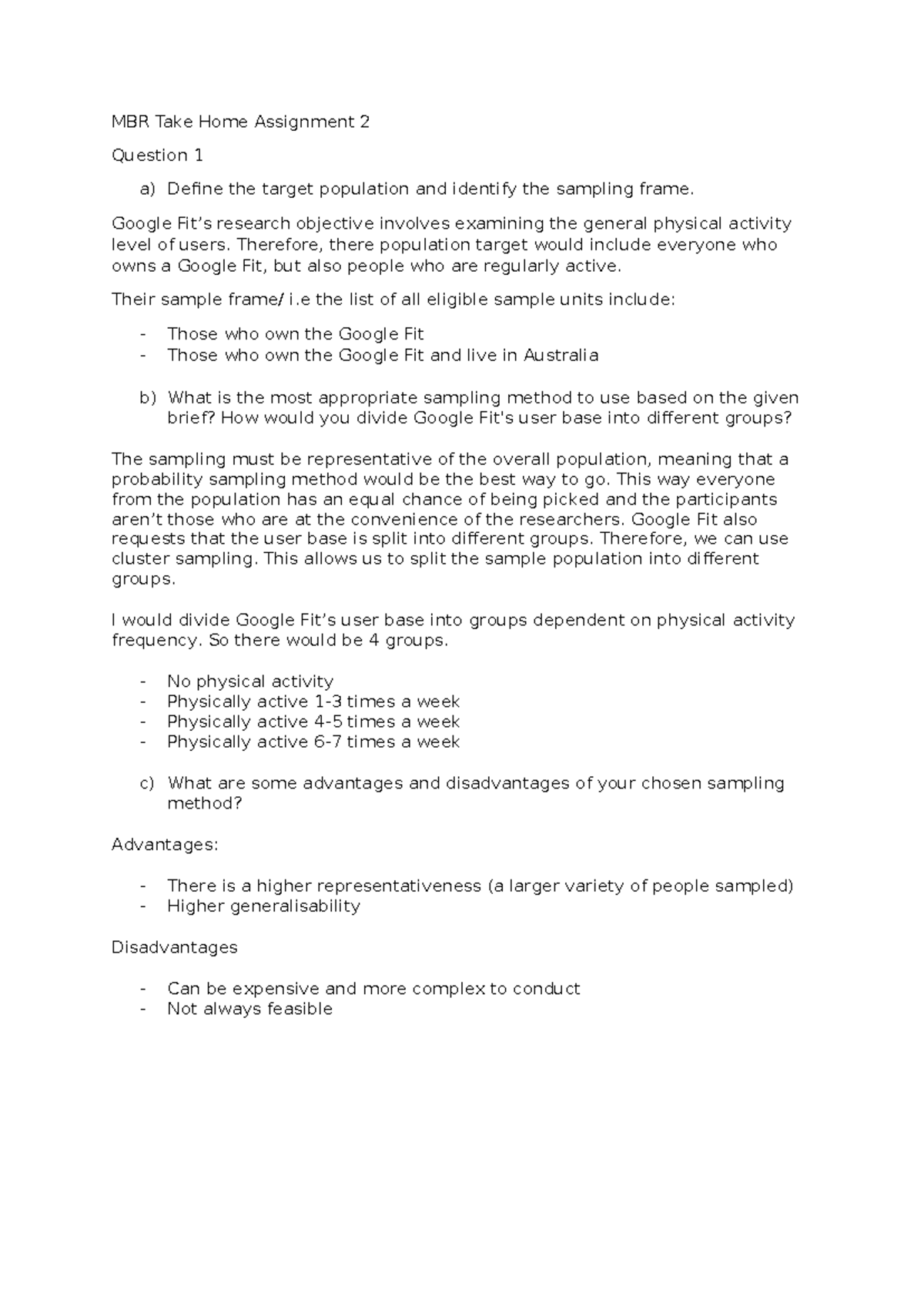 MBR Take Home Assignment 2: Target Population & Sampling Methods - Studocu