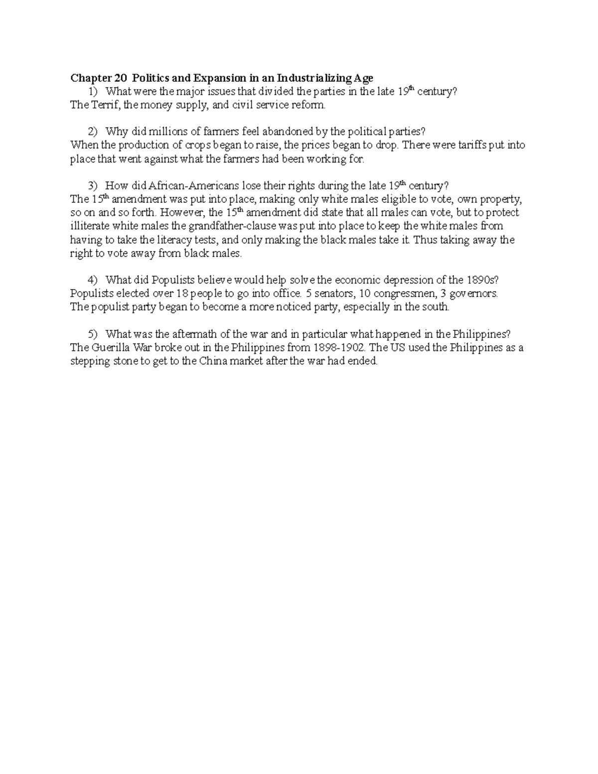 Ch. 20 - Ch, 101 notes - Chapter 20 Politics and Expansion in an ...