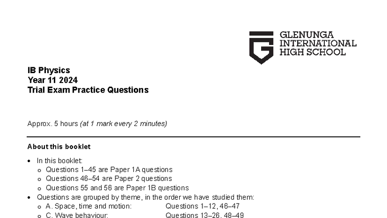 IB Physics Year 11 2024 Trial Exam Practice Questions - Studocu