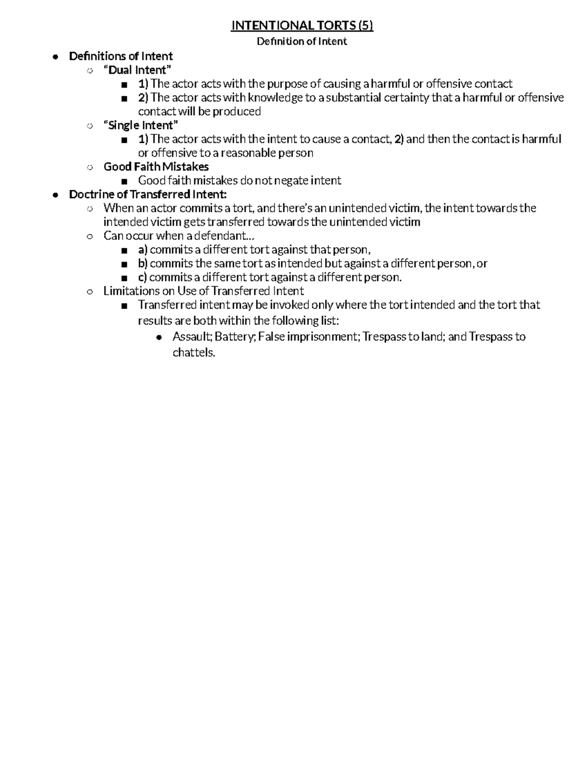 Torts Outline (LAW 101): Key Concepts and Definitions - Studocu