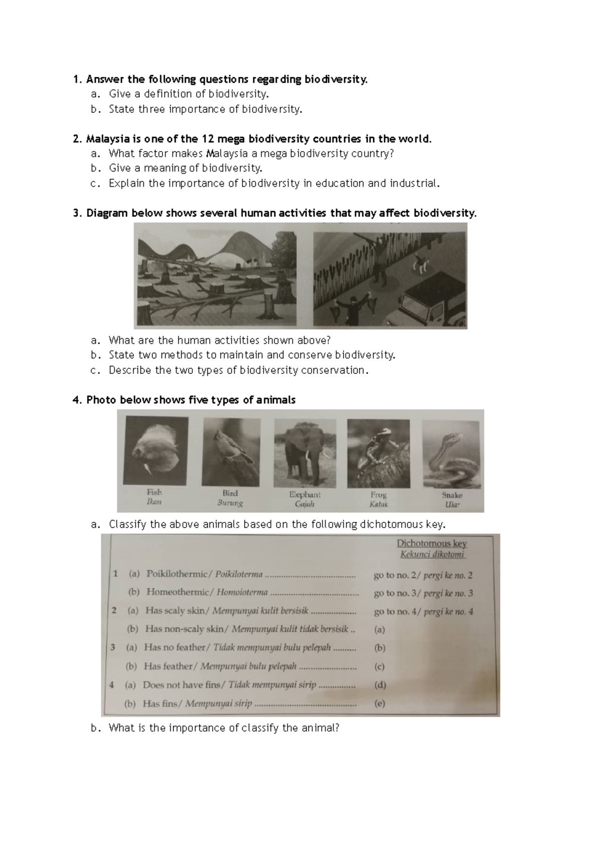FORM 2 SCIENCE CHAPTER 1 BIODIVERSITY EXERCISE QUESTIONS - Studocu