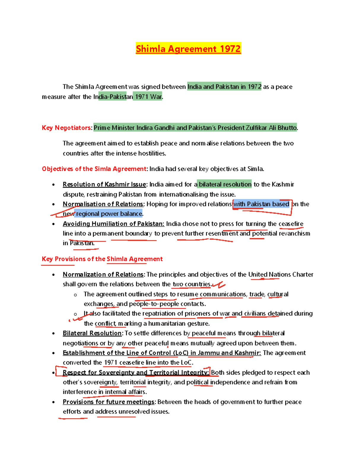 Shimla Agreement 1972: Key Objectives and Provisions Explained - Studocu
