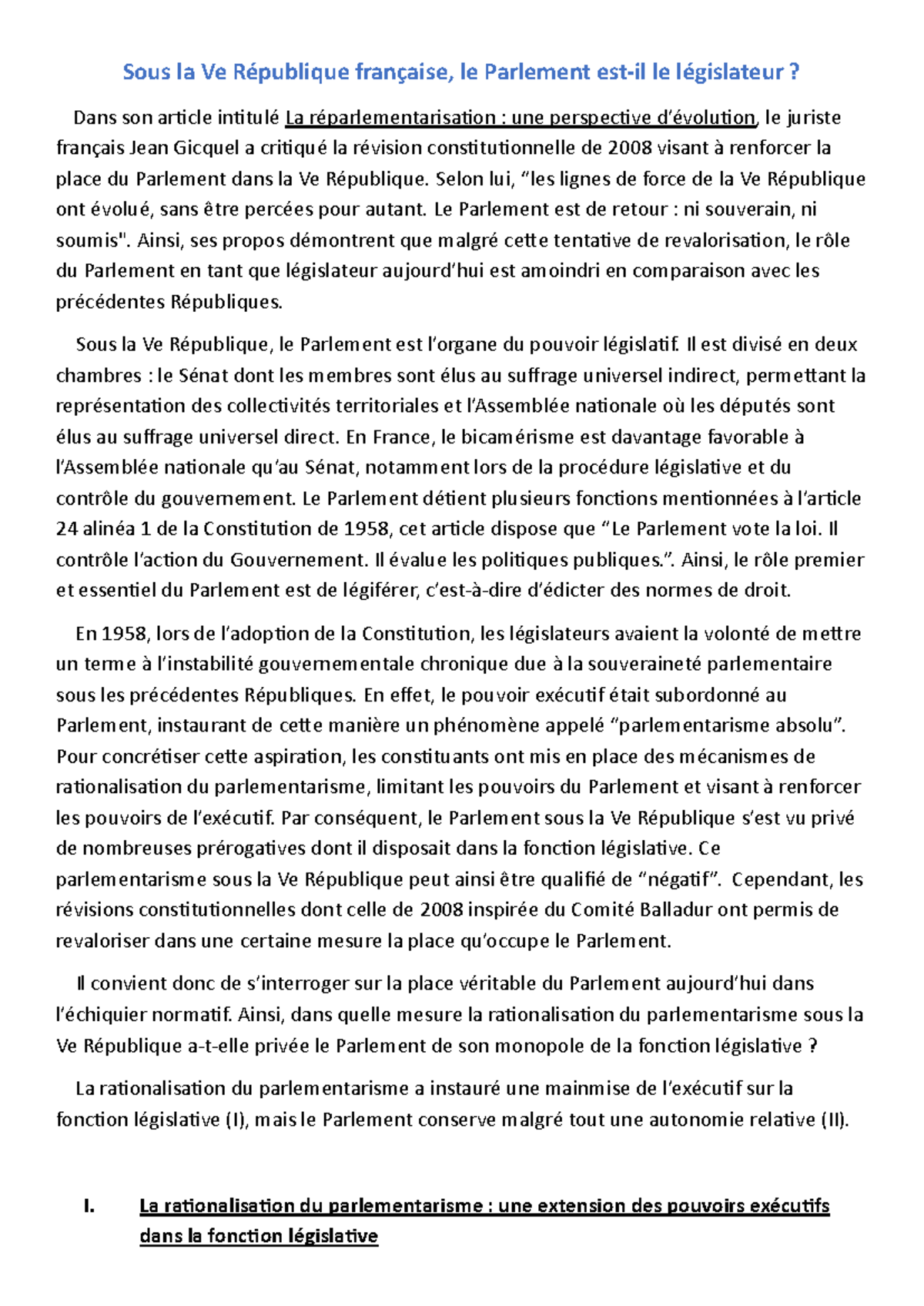 Sous la Ve République (Droit Constitutionnel) : Le Rôle du Parlement ...