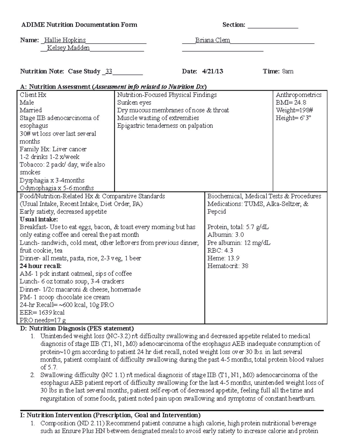 Nutr420 Case Study 33: ADIME Nutrition Assessment & Intervention - Studocu