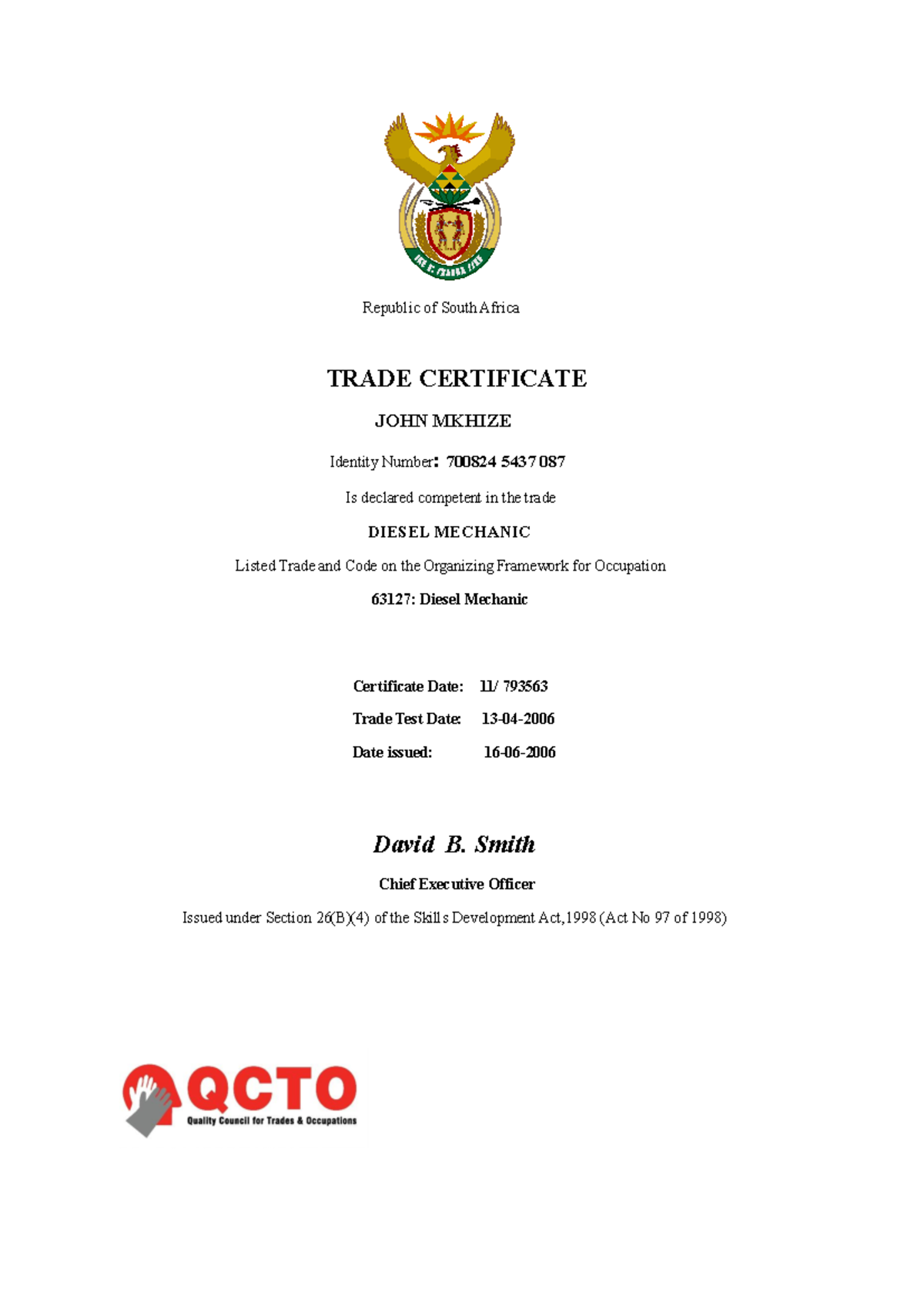 Trade Certificate Bwe1501 Republic Of South Africa TRADE 