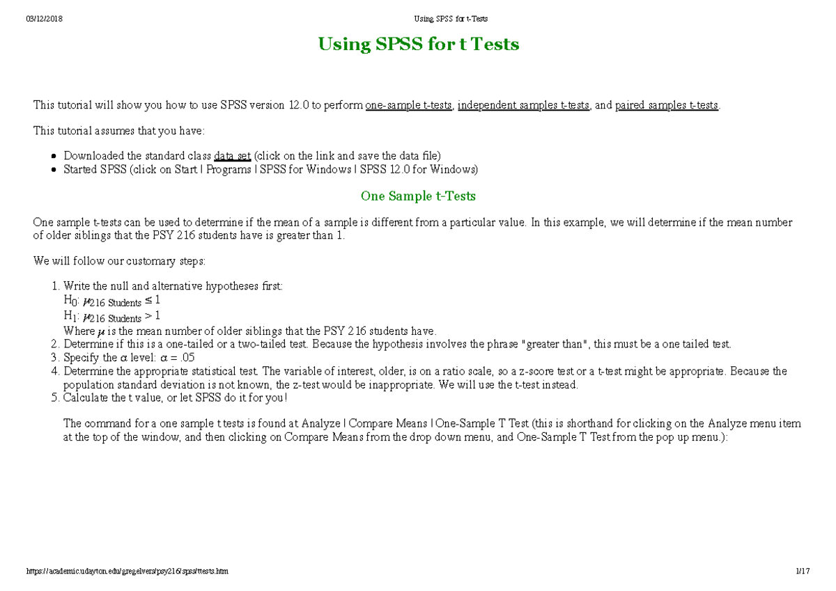 SPY 216 Lecture: Tutorial on Using SPSS for t-Tests and Analysis - Studocu