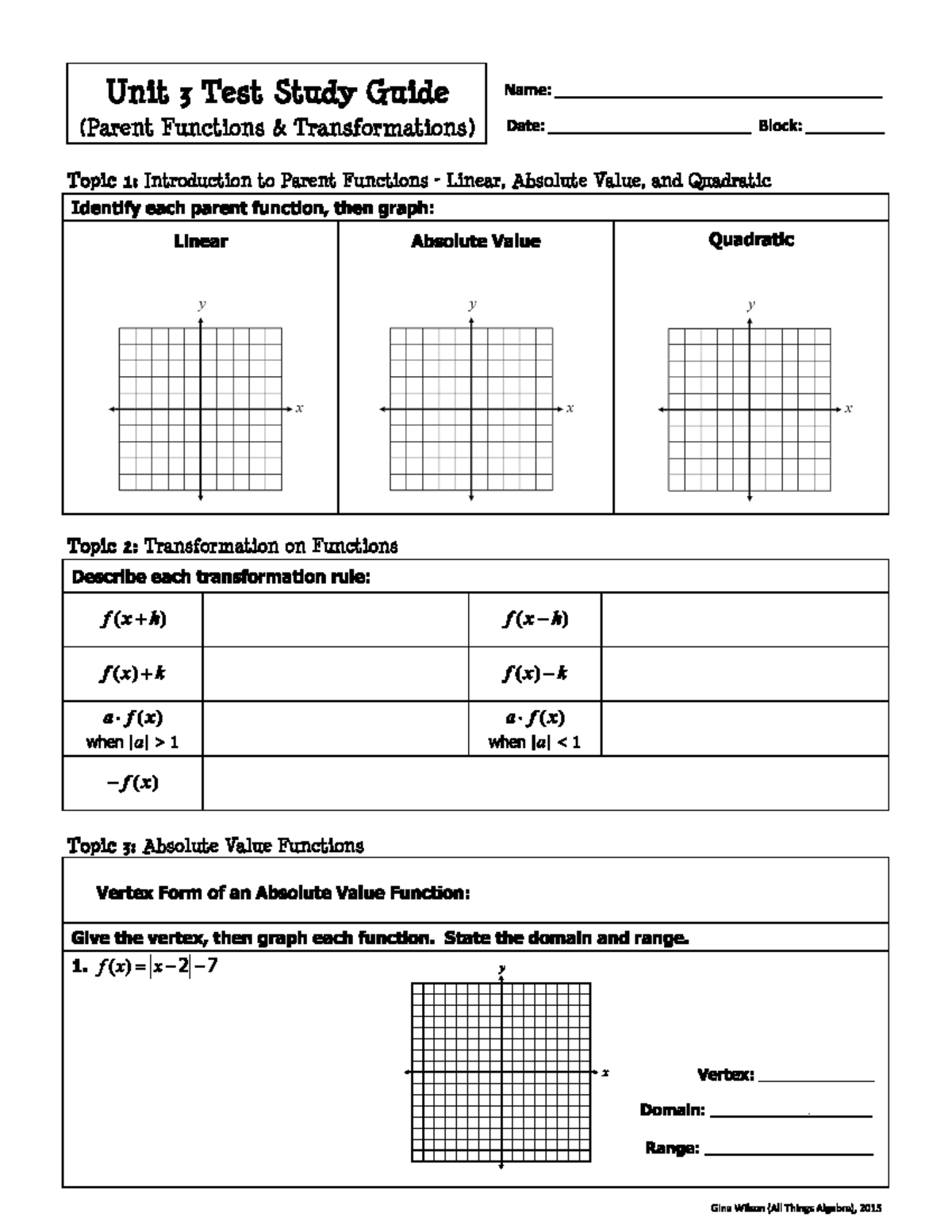 Unit 3 - Test Study Guide on Parent Functions & Transformations - Studocu