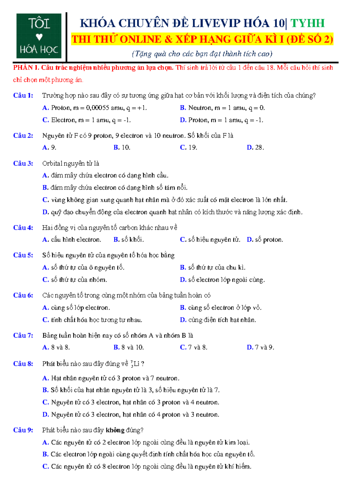 amu ĐỀ THI THỬ ONLINE KHÓA CHUYÊN ĐỀ TYHH - ĐỀ SỐ 2 - Studocu