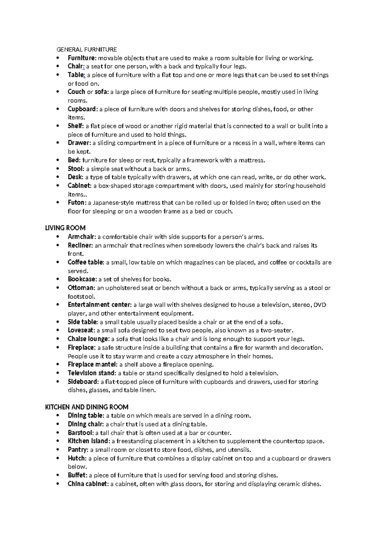 Furniture - Vocabulaire pour thème - GENERAL FURNITURE Furniture ...