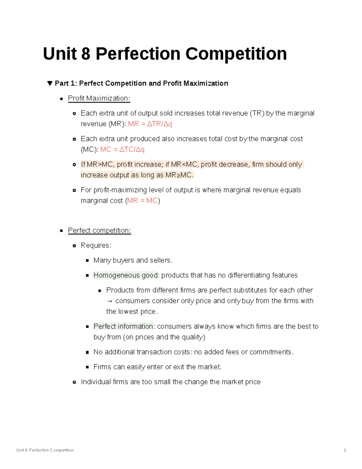 Unit 8: Perfect Competition - Profit Maximization Explained - Studocu