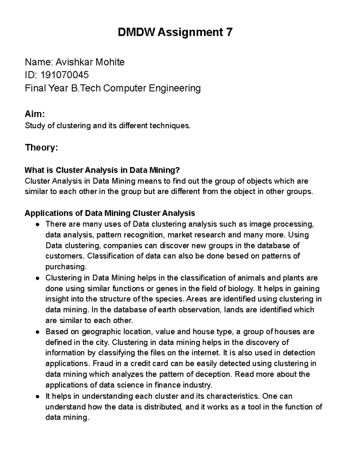 191070045 DMDW Final Year Project on Clustering Techniques - Studocu