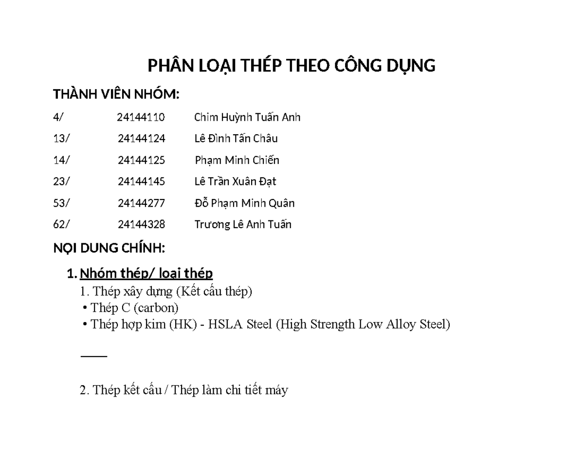 PHÂN LOẠI THÉP THEO CÔNG DỤNG - Tài liệu 242 ENMA 04 Nhóm CK3 - Document Preview