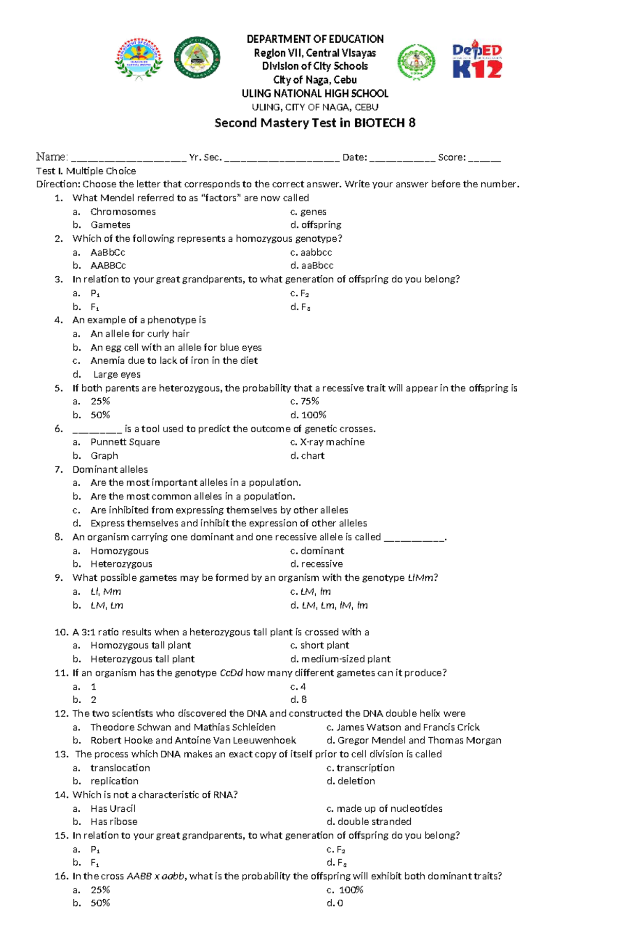 2nd Mastery Test in BIOTECH 8 - Studocu