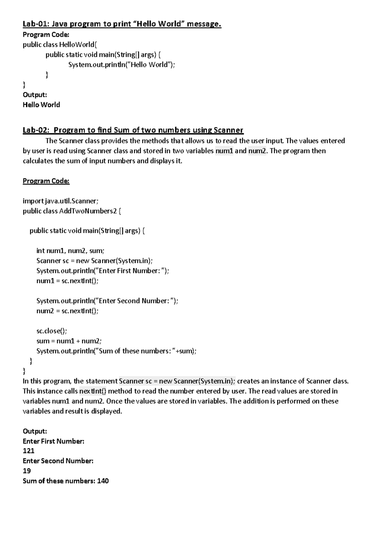 BCA 3rd Sem Java Lab Work: Programs & Examples - Studocu