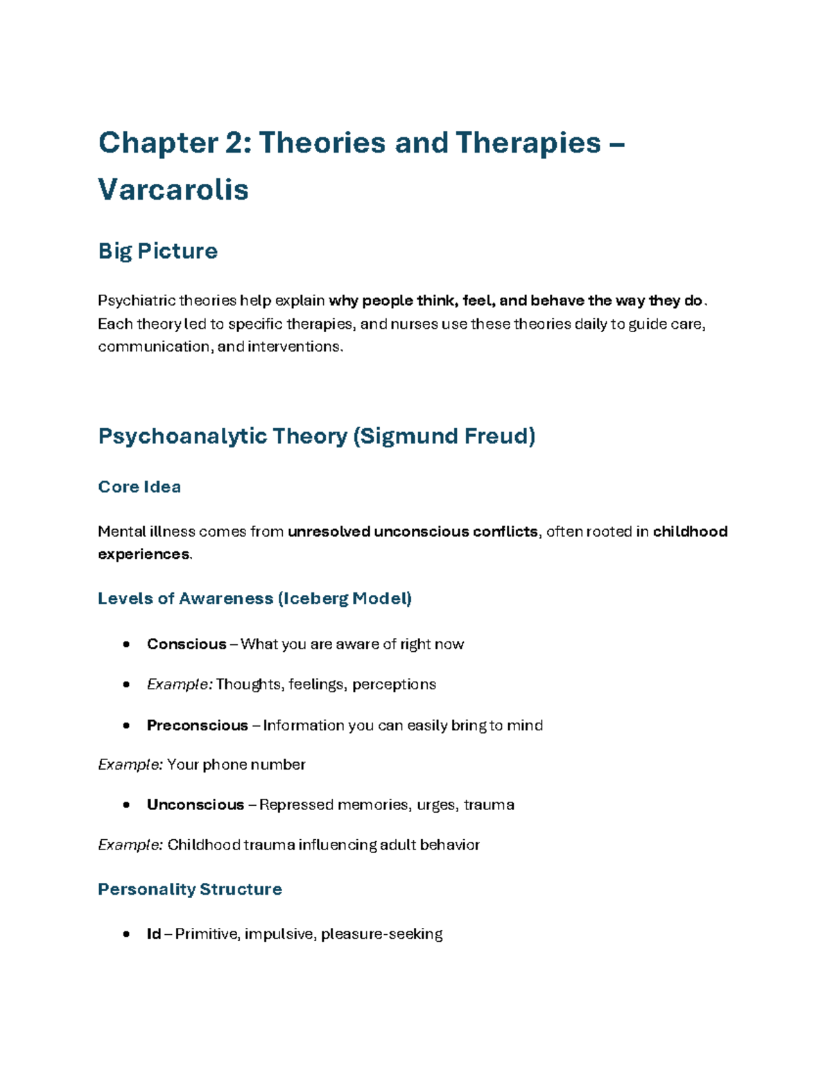 Chapter 2: Theories and Therapies in Psychiatric Nursing - Studocu