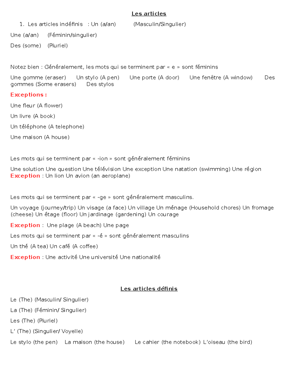 Adjectives - Les articles Les articles indéfinis : Un (a/an) (Masculin ...