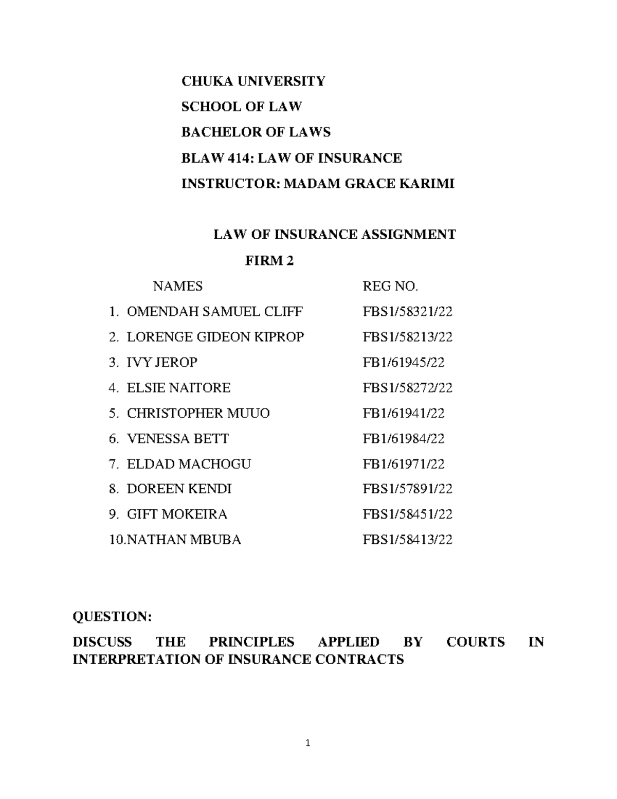 BLAW 414: Final Assignment on Principles of Insurance Contract ...