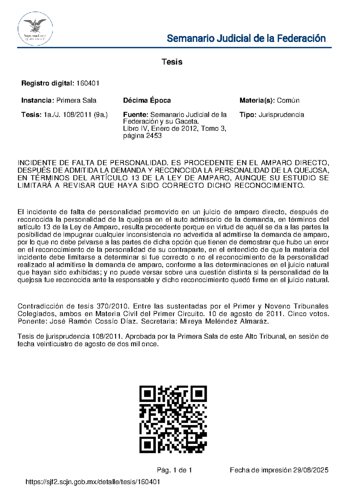 Jurisprudencia: Incidente de Falta de Personalidad en Amparo Directo
