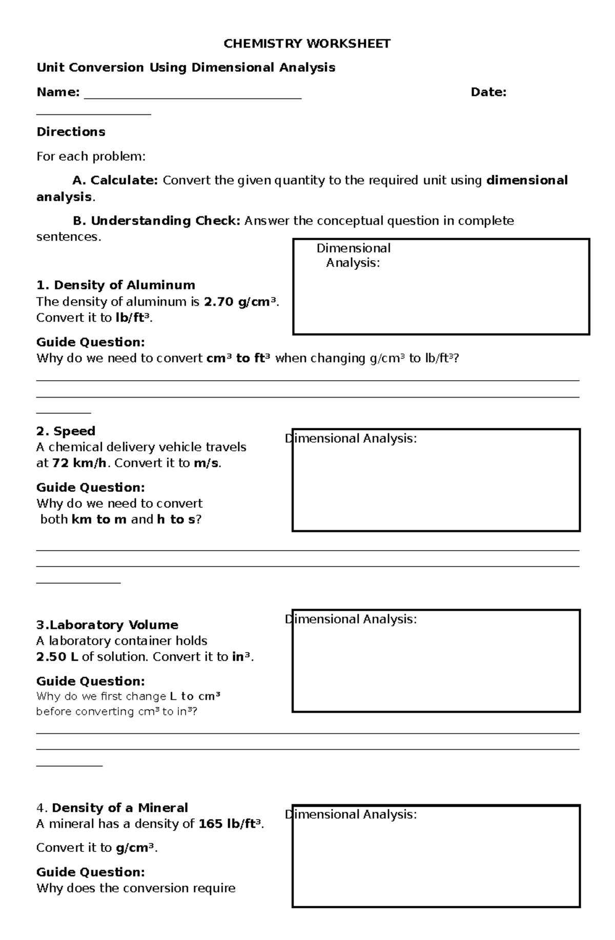 Chemistry Worksheet - Unit Conversion & Dimensional Analysis - Studocu