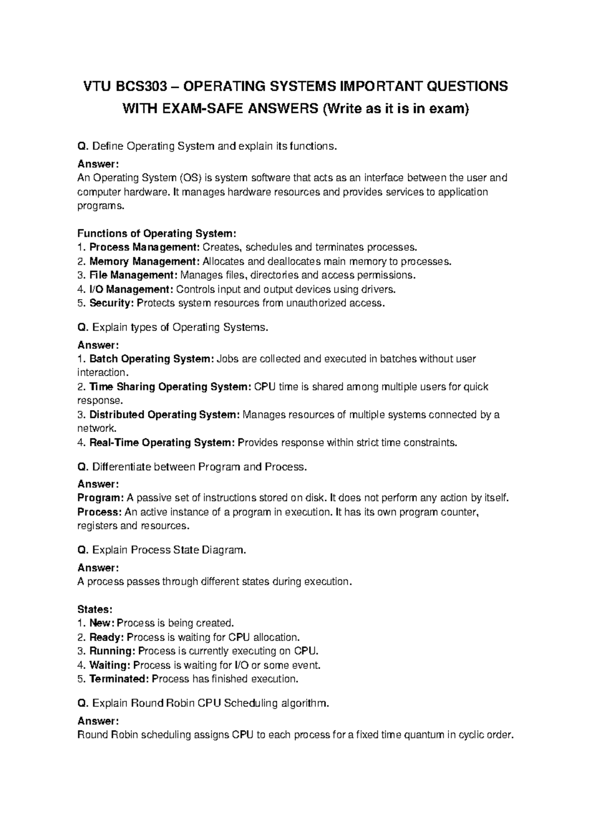 VTU BCS303 OPERATING SYSTEMS QA FOR FINAL EXAM - Studocu