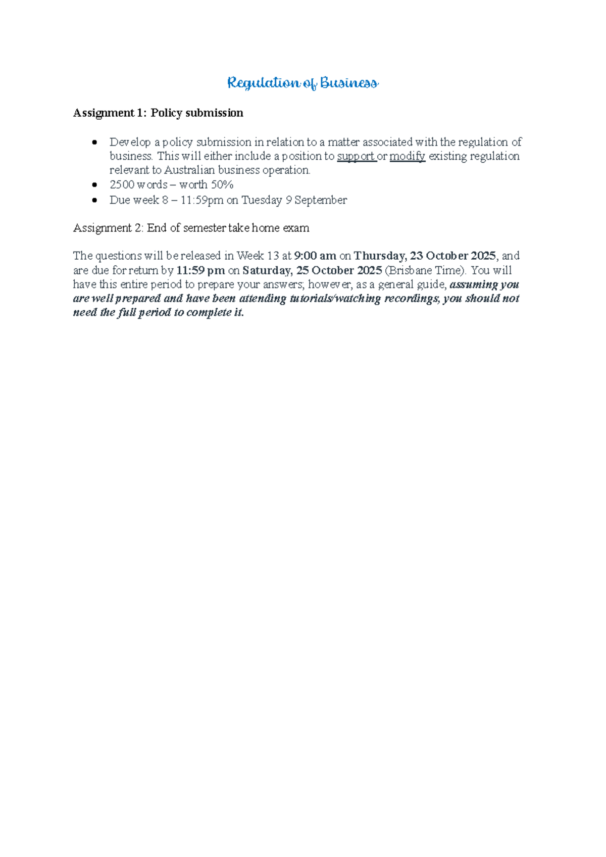 LLB142 Regulation of Business: Policy Submission & Exam Guide - Studocu