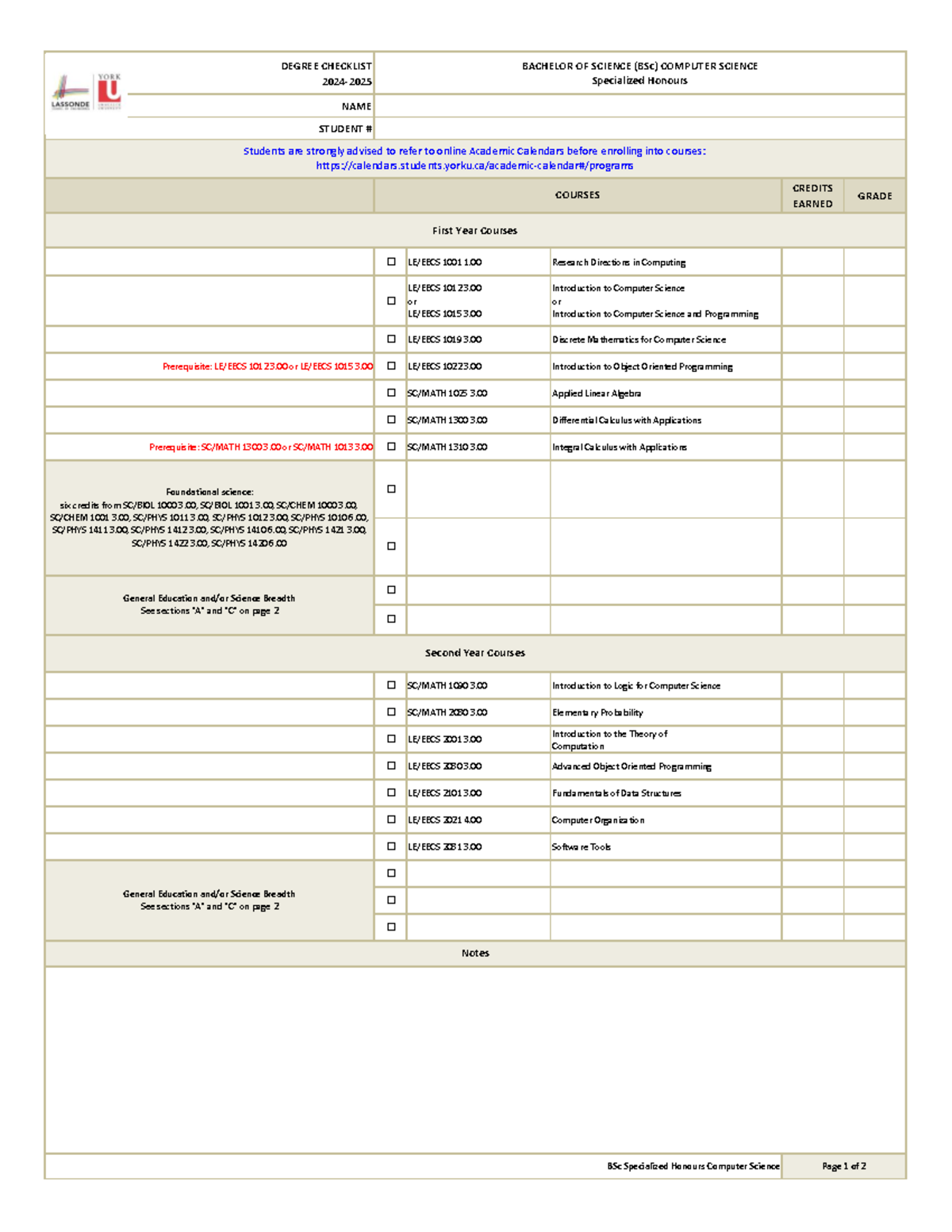 BSc CS Degree Checklist (2024-2025): Course Requirements Overview - Studocu