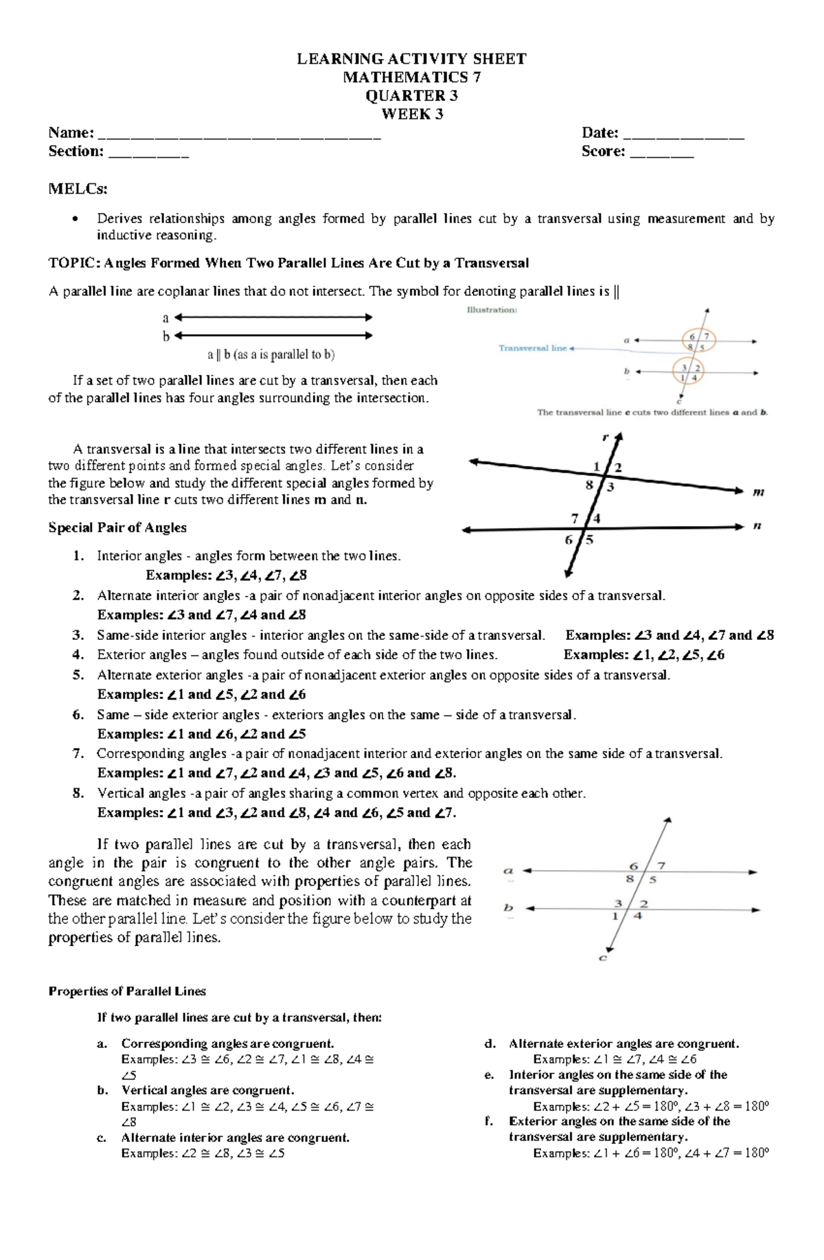 W3 Q3 LAS 2023 2024 - LEARNING ACTIVITY SHEET MATHEMATICS 7 QUARTER 3 ...
