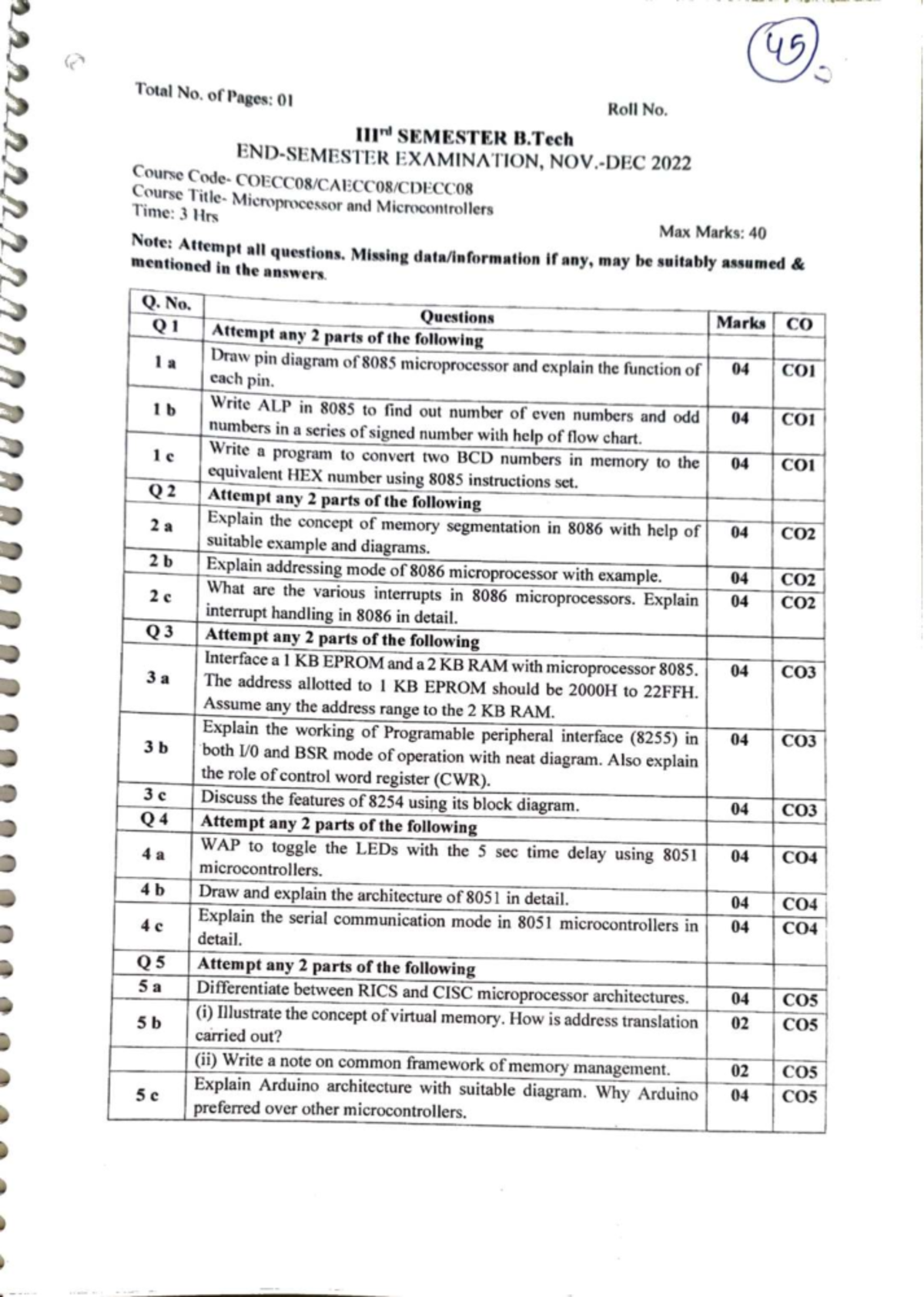 B.Tech Microprocessor & Microcontrollers Exam Q2 - PYQ (2022) - Studocu