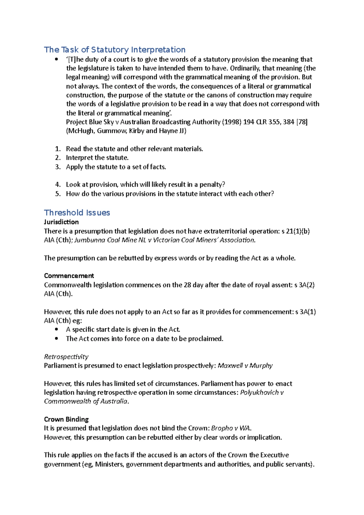 LLB107 Cheat Sheet - Key Concepts in Statutory Interpretation Summary ...