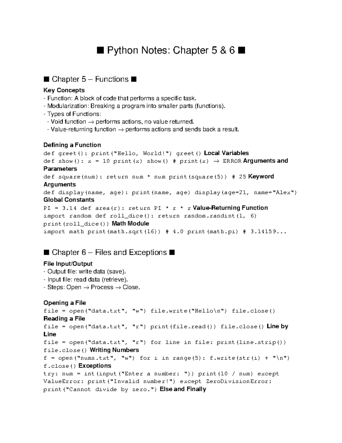 Python Notes: Functions, Files, and Exceptions (Ch. 5 & 6) - Studocu