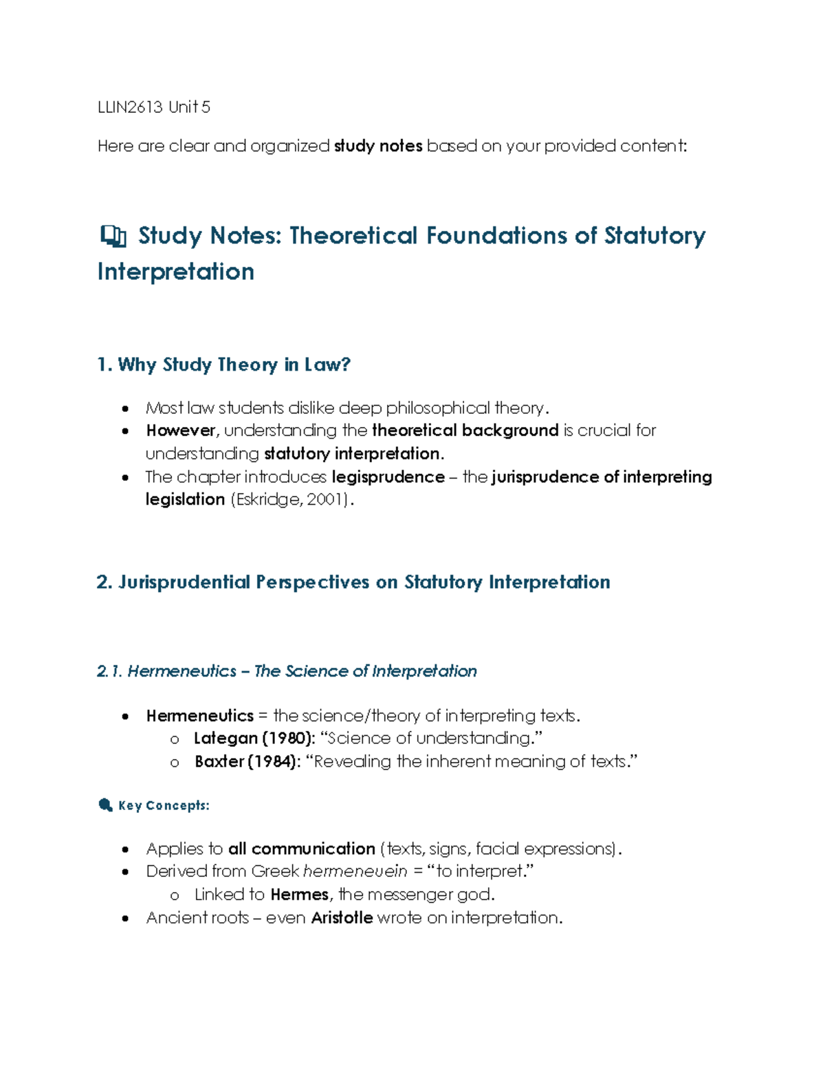 LLIN2613 Unit 5 Study Notes: Theoretical Foundations of Statutory ...