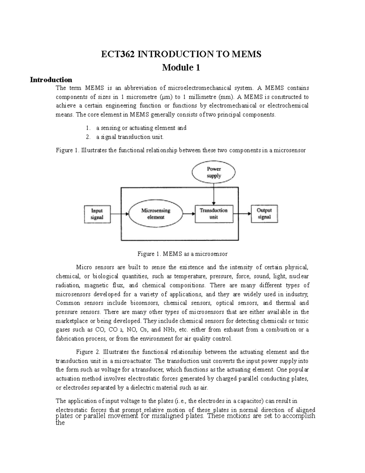 MEMS 1 Notes: Introduction to Microelectromechanical Systems (ECT362 ...