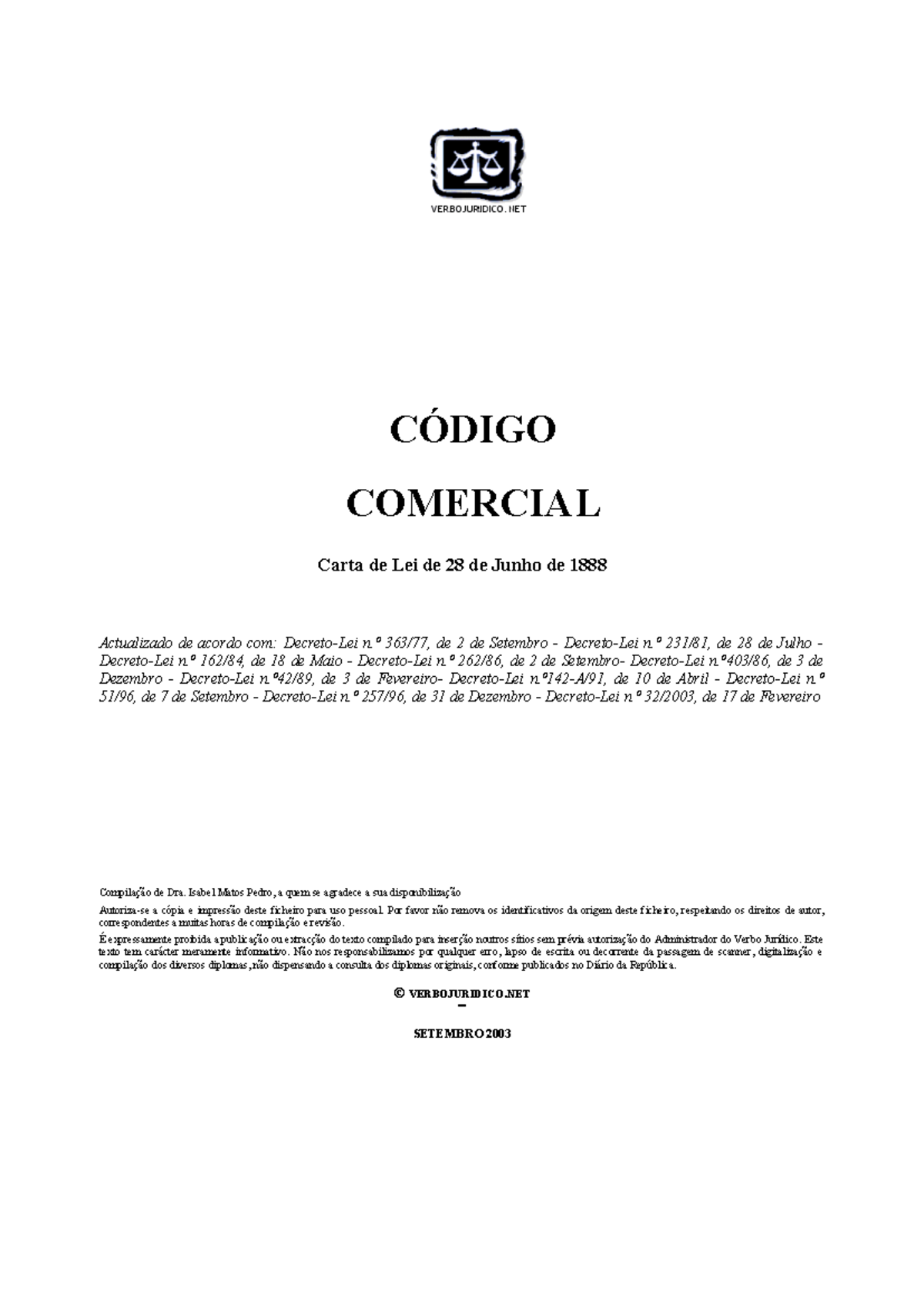 Codigo comercial (2003 ) - Verbo Jurídico - CÓDIGO COMERCIAL Carta de ...