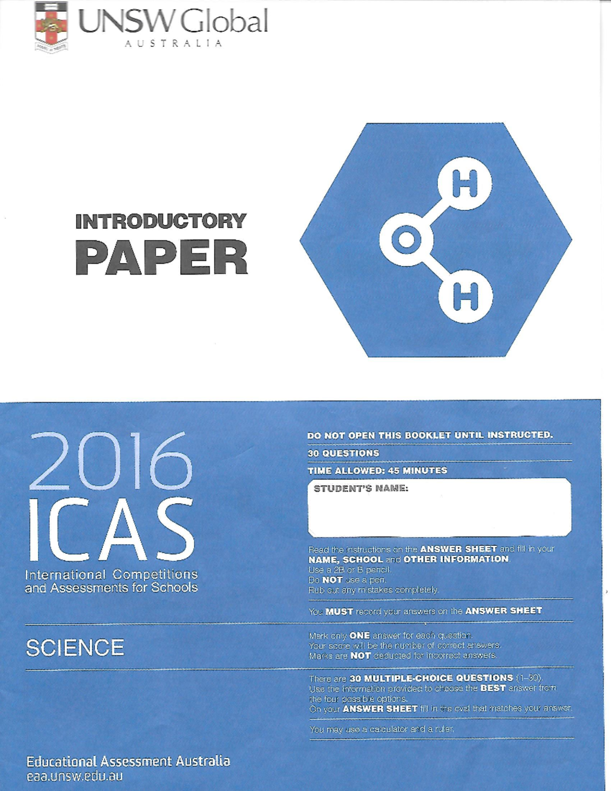 2016 ICAS Science Year 2 Introductory Paper with Answers - Studocu