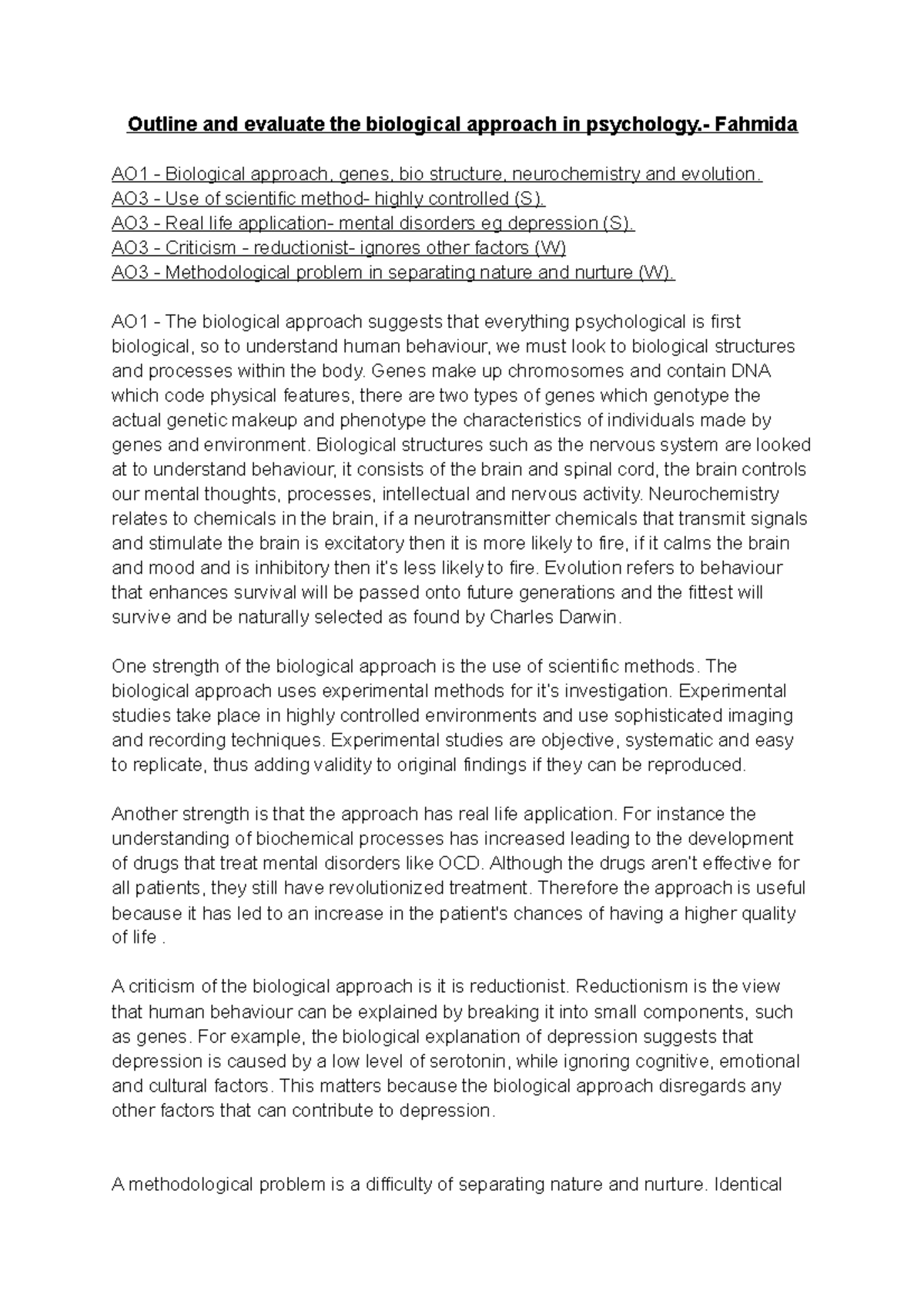 PSY101 Biological Approach Essay: Evaluation & Analysis - Studocu