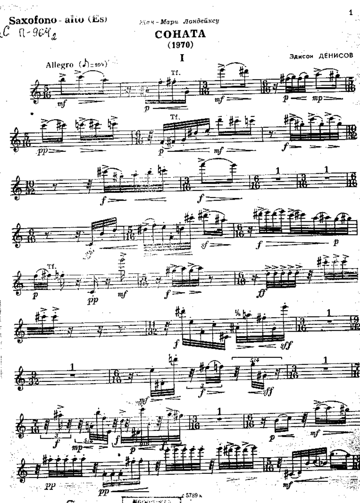 Denisov Sonata for Alto Sax and Piano (Alto Sax Part) - C 5789 K 