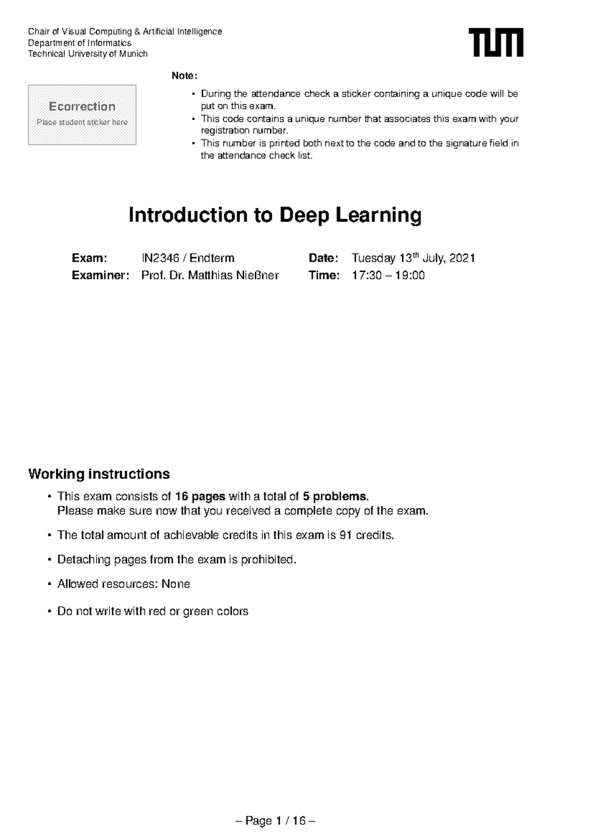 2021SS Final Exam Solutions for Deep Learning (IN2346) - Studocu