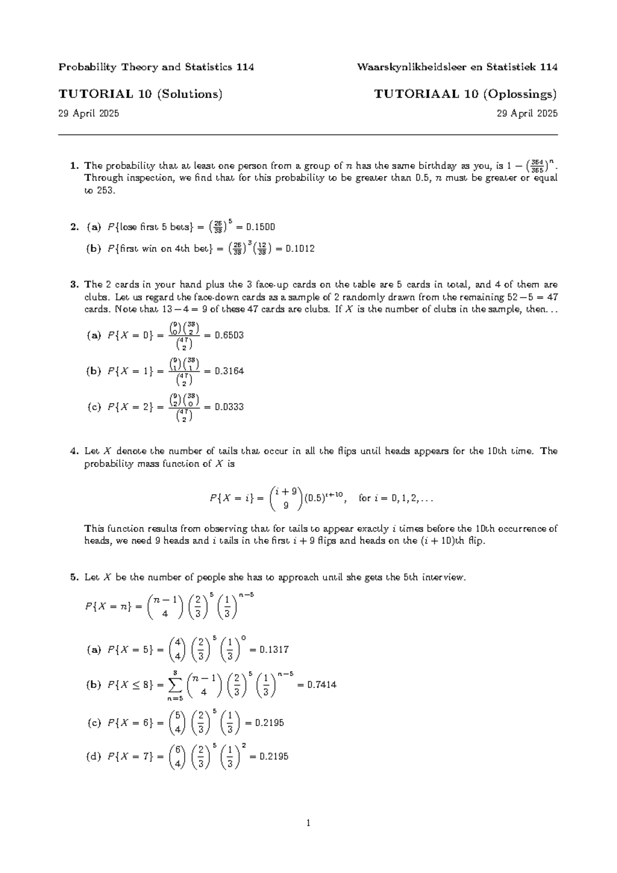 Probability Theory and Statistics 114 - Tutorial 10 Solutions - Studocu