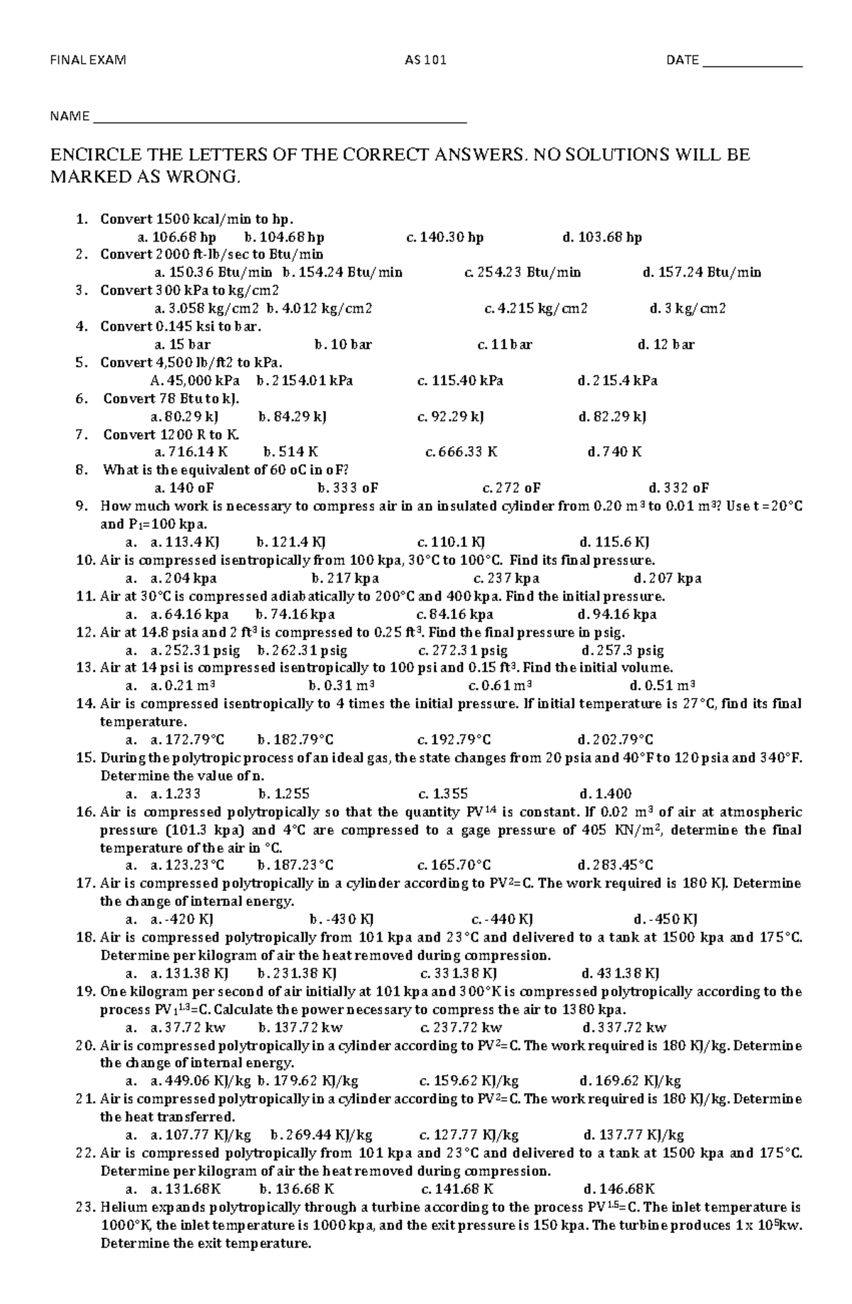 AS 101 Final Exam 1 Notes - Conversion Problems and Solutions - Studocu