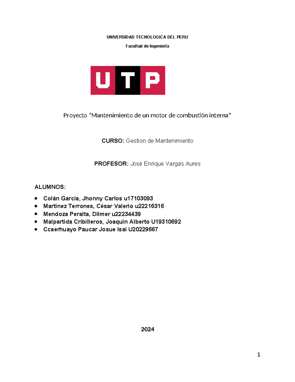 Plan de Mantenimiento del Motor de Combustión Interna - GEST1001 - Document Preview