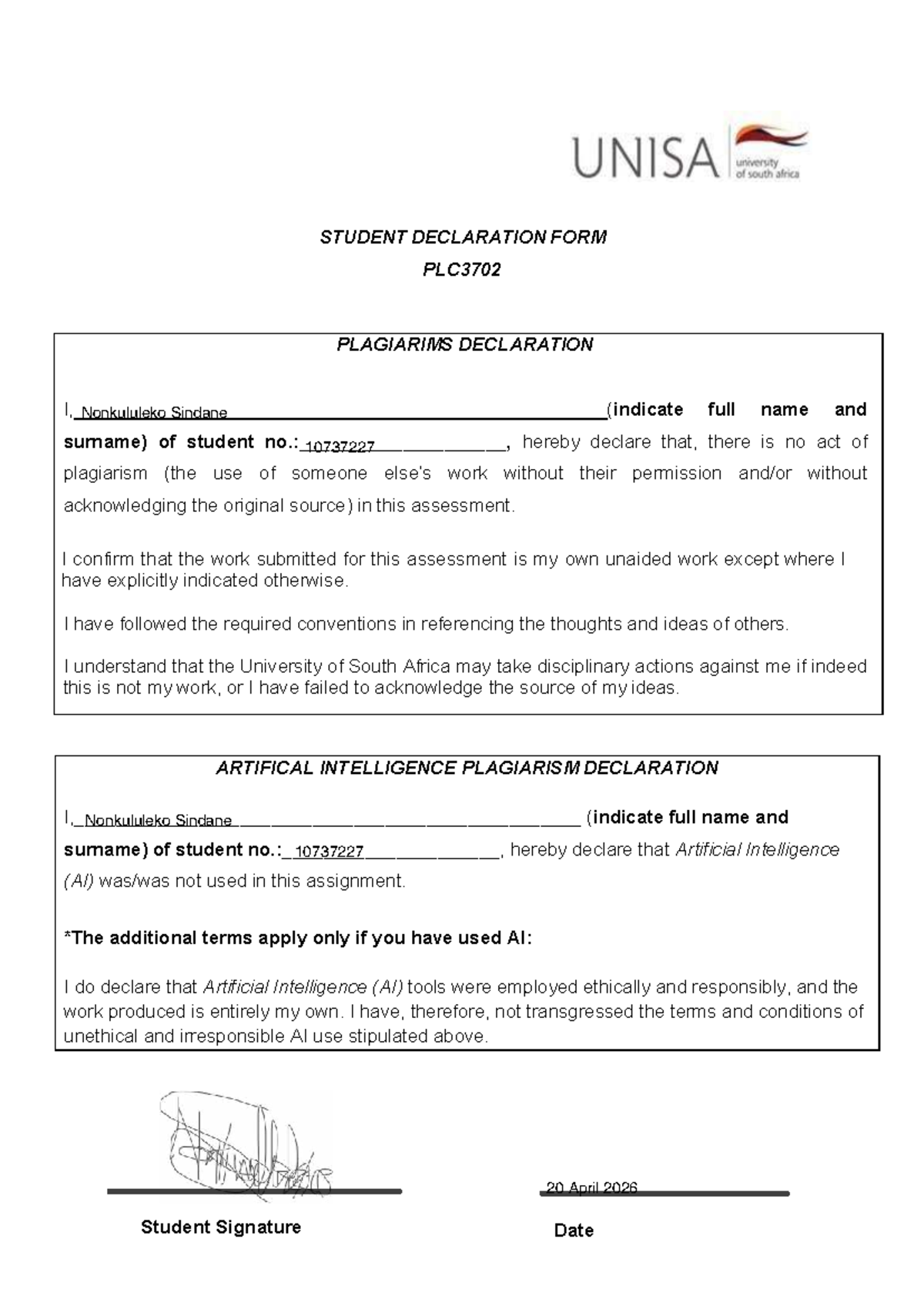 PLC3702 Student Plagiarism Declaration Form - Studocu