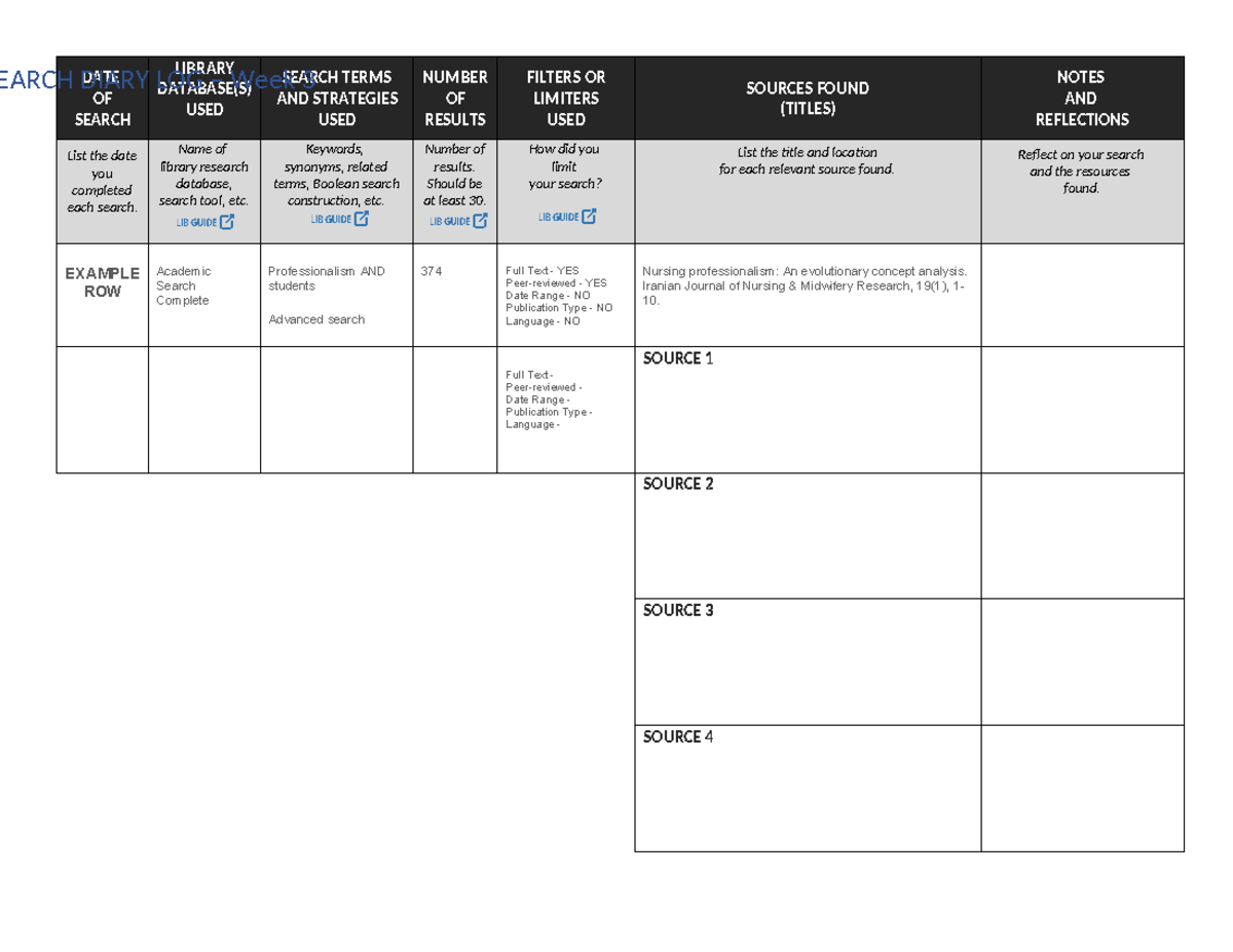 Research Diary Log & Reflections for Library Search Strategies - Studocu